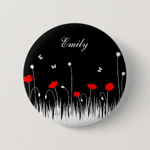 Minimalist Red Black and White Poppies Meadow Name 6 Cm Round Badge
