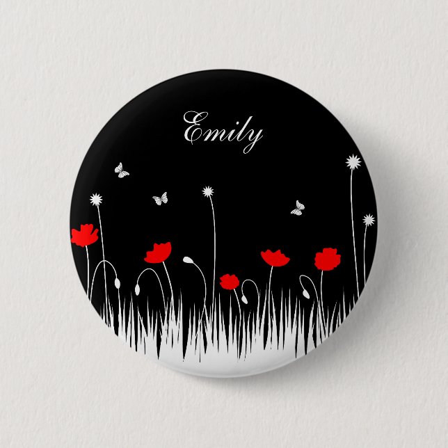 Minimalist Red Black and White Poppies Meadow Name 6 Cm Round Badge (Front)