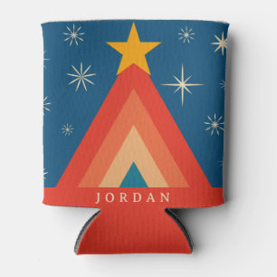 Minimalist Red & Blue Retro Groovy Christmas Tree Can Cooler