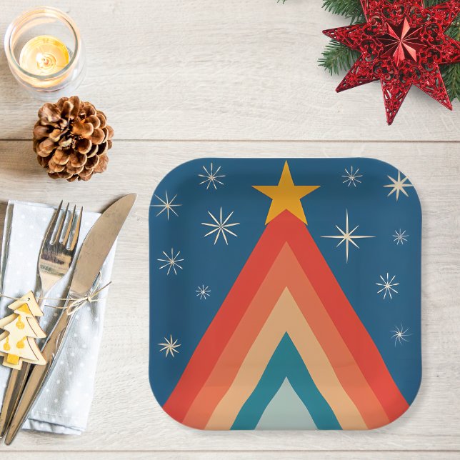 Minimalist Red & Blue Retro Groovy Christmas Tree  Paper Plate (Creator Uploaded)