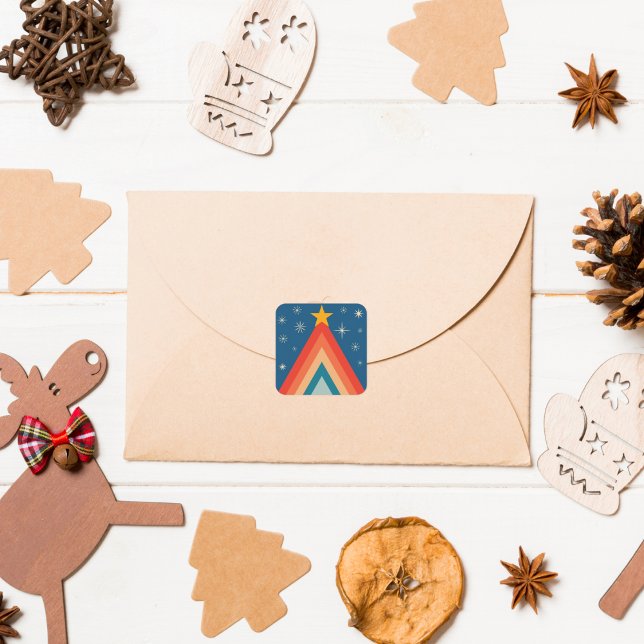 Minimalist Red & Blue Retro Groovy Christmas Tree Square Sticker (Creator Uploaded)