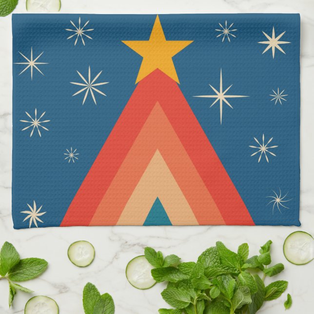 Minimalist Red & Blue Retro Groovy Christmas Tree  Tea Towel (Folded)