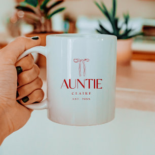 Minimalist Red Bow Auntie Est. Date & Custom Name Coffee Mug