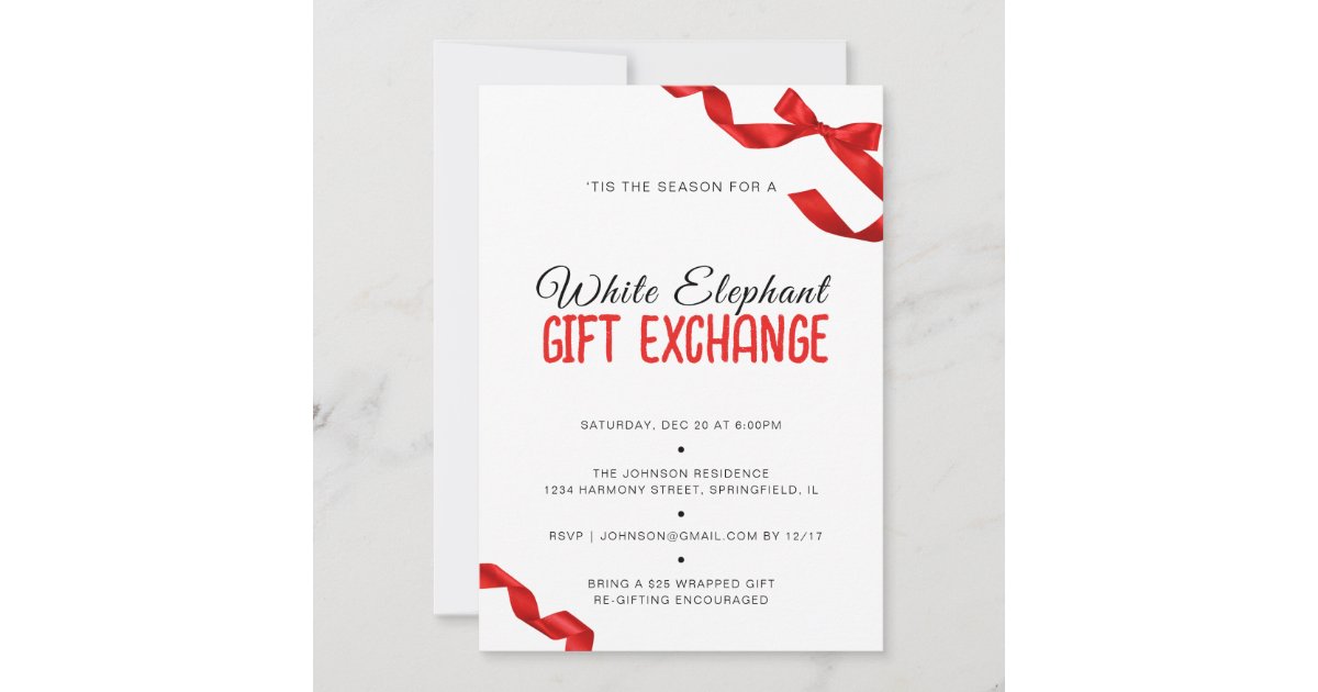 Minimalist Red Bow White Elephant Gift Exchange Invitation Zazzle