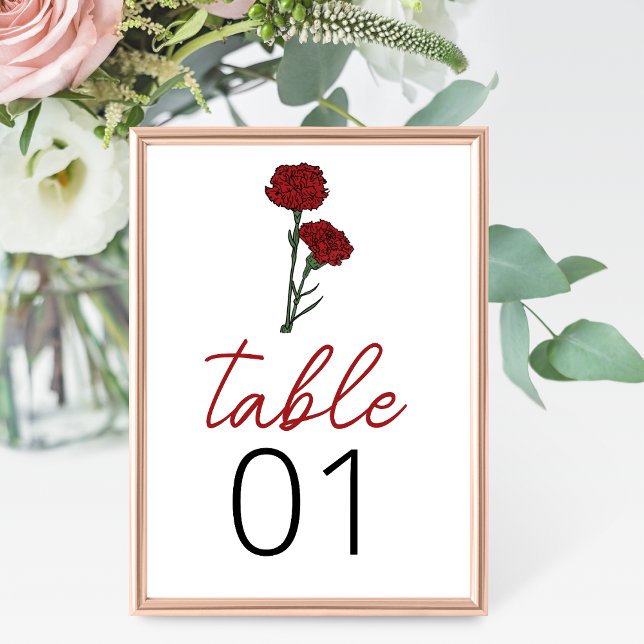 Minimalist Red Carnations Wedding Table Number (Creator Uploaded)