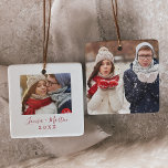 Minimalist Red Couples Keepsake Photo Ceramic Ornament<br><div class="desc">This minimalist red couples keepsake photo ceramic ornament is the perfect simple Christmas tree decoration. The design features classic red and white typography paired with a rustic yet elegant script font with hand lettered style. Personalise the front of this keepsake ornament with a photo, your names and the year. Personalise...</div>