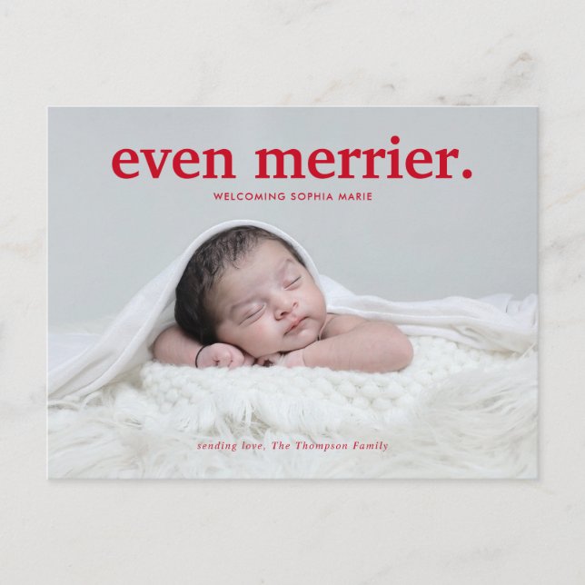 Minimalist Red Even Merrier New Baby Photo Collage Holiday Postcard (Front)