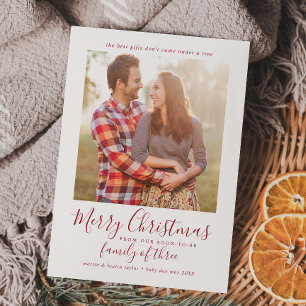 Minimalist Red Family of Three Pregnancy Photo Holiday Card