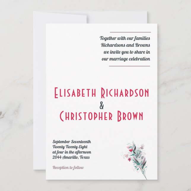 Minimalist Red Floral Wedding Invitation Card (Front)