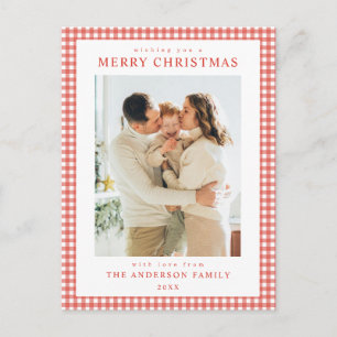 Minimalist Red Gingham Christmas Photo Holiday Postcard