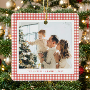 Minimalist Red Gingham Photo Ceramic Ornament