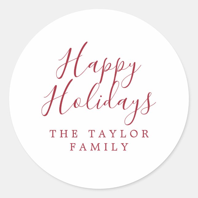 Minimalist Red Happy Holidays Holiday Gift Classic Round Sticker (Front)