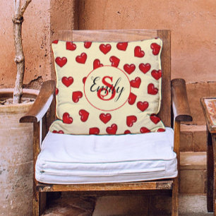 Minimalist Red Heart & Pink Blue Flower Monogram Cushion