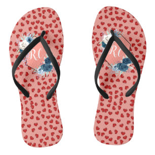 Minimalist Red Heart & Pink Blue Flower Monogram Flip Flops