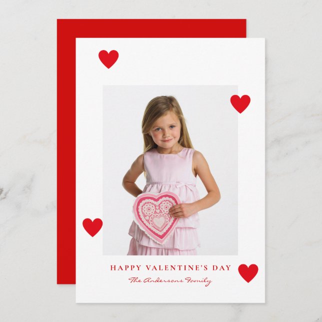 Minimalist Red Hearts Photo Happy Valentines Day Holiday Card (Front/Back)