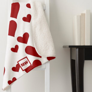 Minimalist, red hearts, white background monogram sherpa blanket