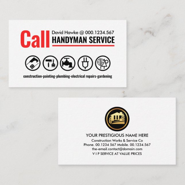 Minimalist Red Line Call Handyman Business Card (Front/Back)