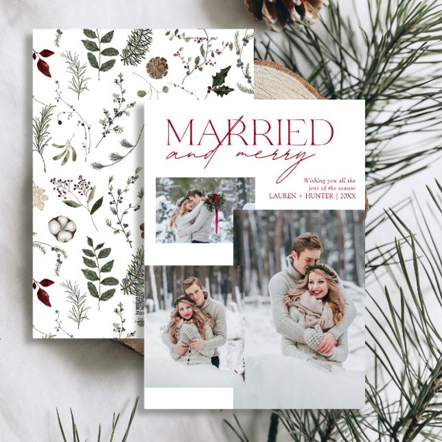 Minimalist Red Married and Merry Newlywed Photo Holiday Card (Easily personalize this newlywed photo holiday card with your favorite image and deets)