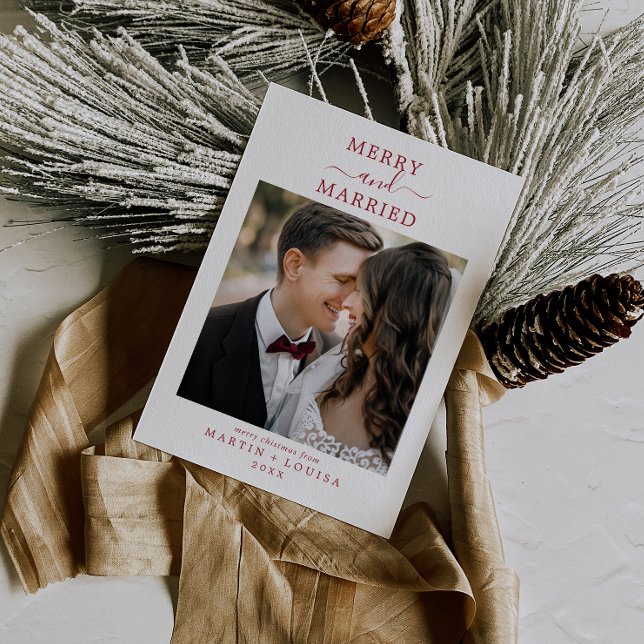 Minimalist Red Merry and Married Newlywed Photo Holiday Card (Creator Uploaded)