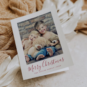 Minimalist Red Merry Christmas Portrait Photo Holiday Card