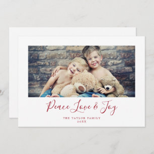 Minimalist Red Peace Love and Joy Horizontal Photo Holiday Card