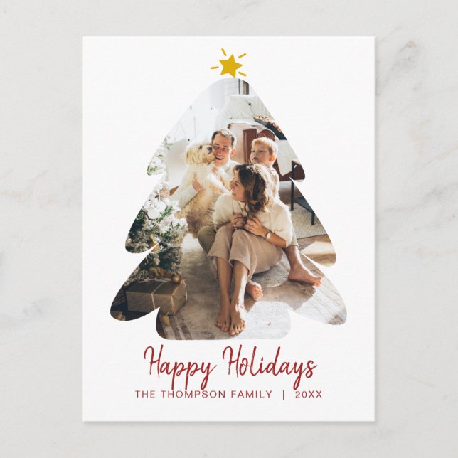 Minimalist Red Photo Christmas Tree Happy Holidays Postcard (Front)