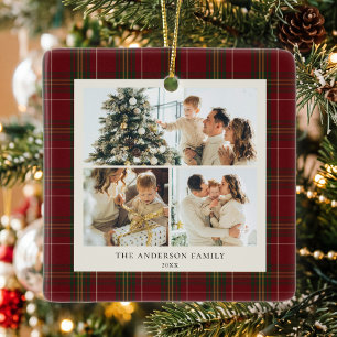 Minimalist Red Plaid Christmas Photo Collage Ceramic Ornament