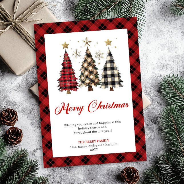 Minimalist Red Plaid Christmas Tree Holiday  Card (Minimalist Red Plaid Christmas Tree Holiday Greeting)