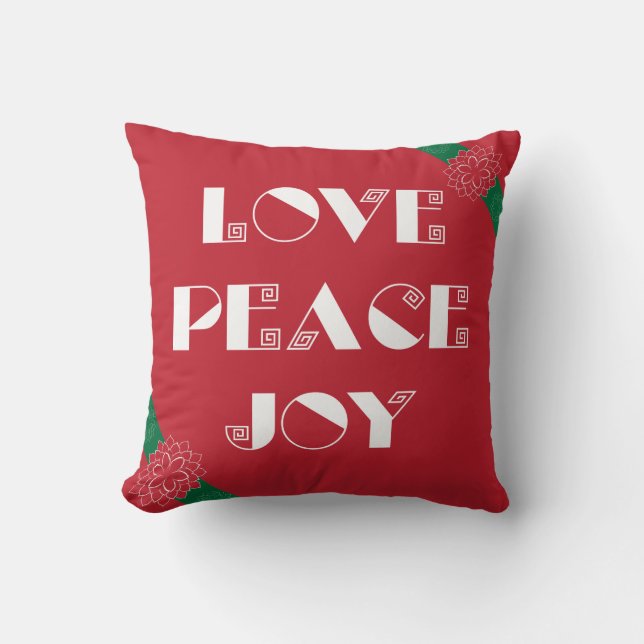 Minimalist Red Poinsettia with Love, Peace, Joy Cushion (Front)