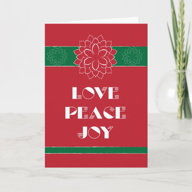 Minimalist Red Poinsettia with Love, Peace, Joy Holiday Card (Front)