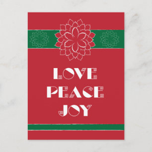 Minimalist Red Poinsettia with Love, Peace, Joy Holiday Postcard