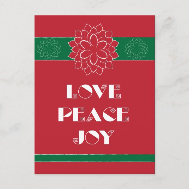 Minimalist Red Poinsettia with Love, Peace, Joy Holiday Postcard (Front)