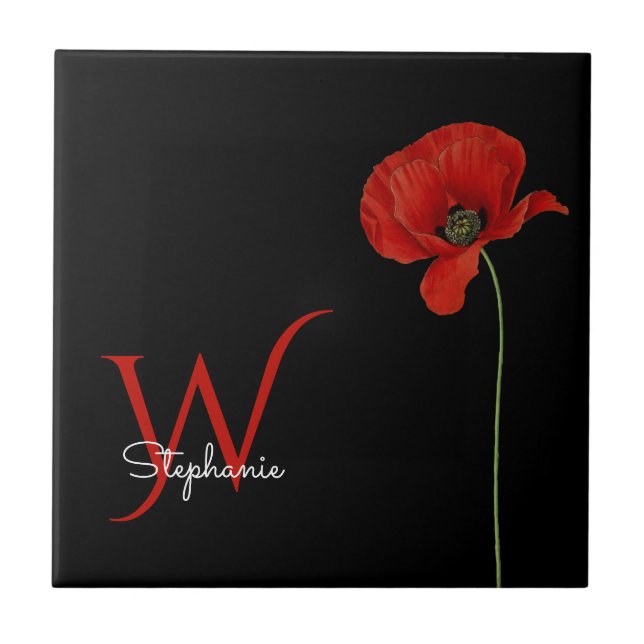 Minimalist Red Poppy with Initial on Black Tile (Front)