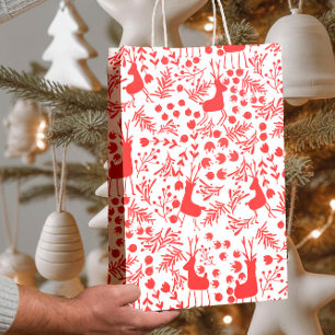 Minimalist Red Reindeer, Foliage Christmas Pattern Medium Gift Bag