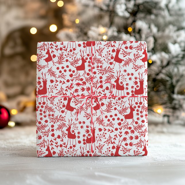 Minimalist Red Reindeer, Foliage Christmas Pattern Wrapping Paper (Creator Uploaded)