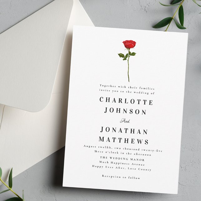 Minimalist Red Rose Elegant Modern Invitation (Simple red rose watercolor elegant modern wedding invitation. Watercolor floral stylish romantic )