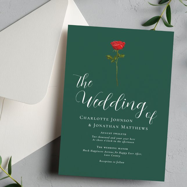Minimalist Red Rose Elegant Script Green Invitation (Elegant simple single red rose green & white wedding invitation watercolor floral stylish script)