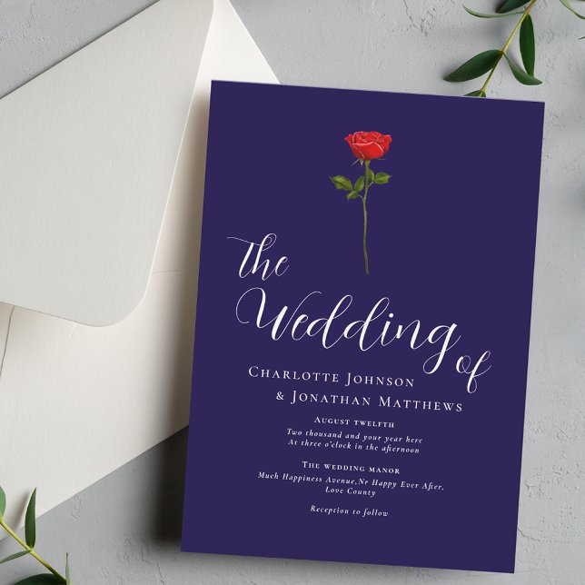 Minimalist Red Rose Elegant Script Navy Blue Invitation (Elegant simple single red rose navy blue & white wedding invitation watercolor floral stylish script)