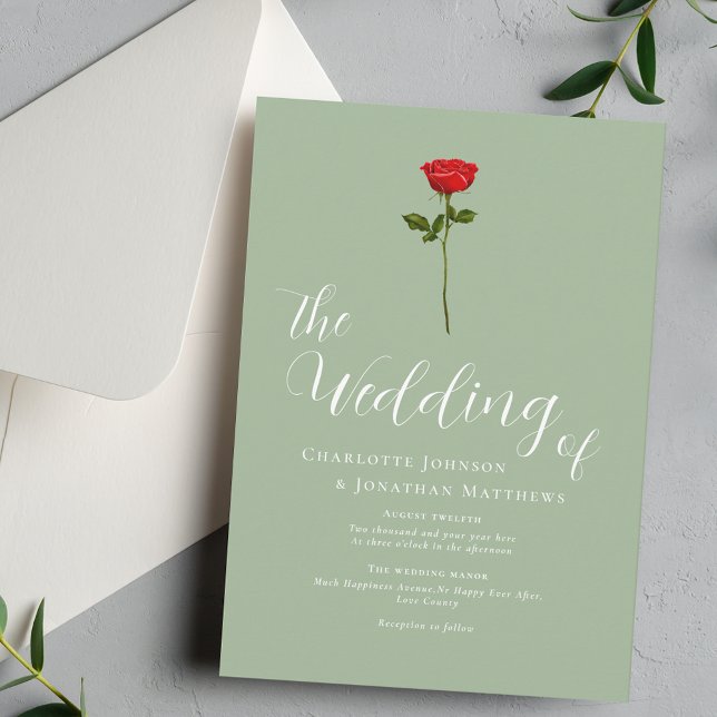Minimalist Red Rose Elegant Script Sage Green Invitation (Elegant single red rose calligraphy script sage green wedding Stylish minimalist modern watercolor )