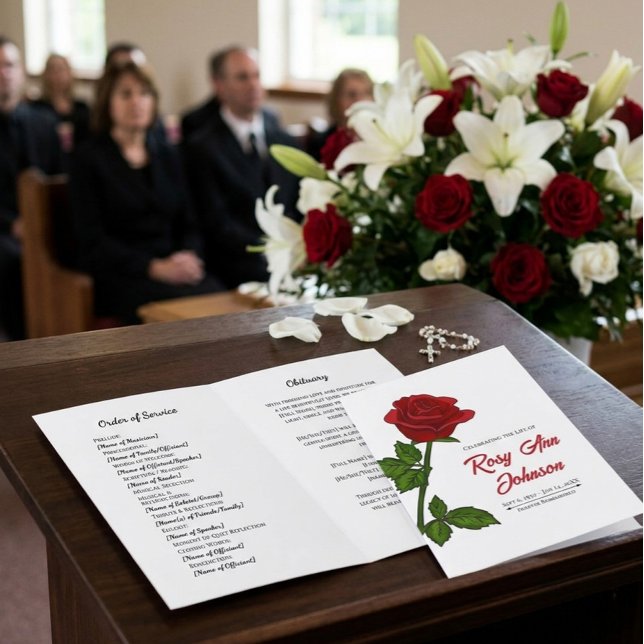 Minimalist Red Rose Funeral Program 4-Page Card (Creator Uploaded)