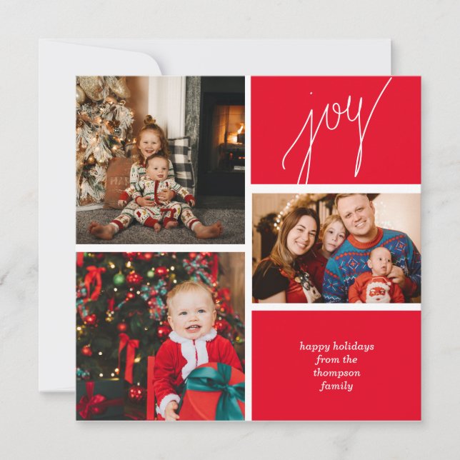 Minimalist Red Script Joy Photo Collage Christmas Holiday Card (Front)