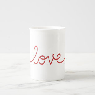 Minimalist Red Script Love Continuous Line Art Bone China Mug