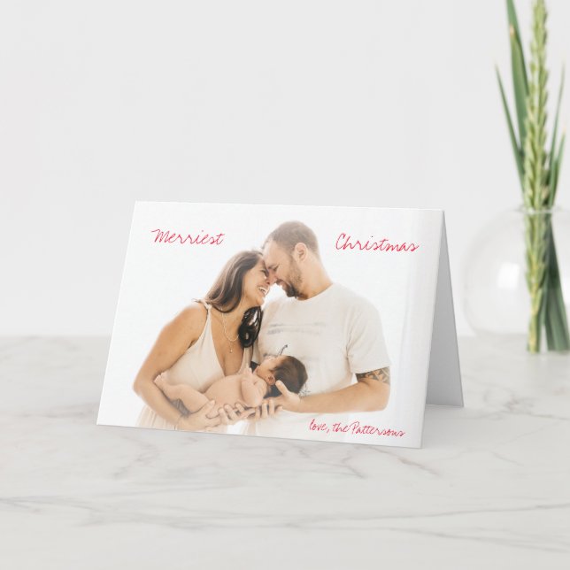 Minimalist Red Script Photo Modern Christmas Holiday Card (Front)