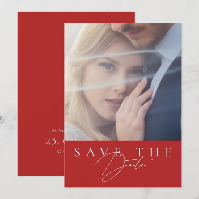 Minimalist Red Script Photo Wedding Save the Date (Front/Back)