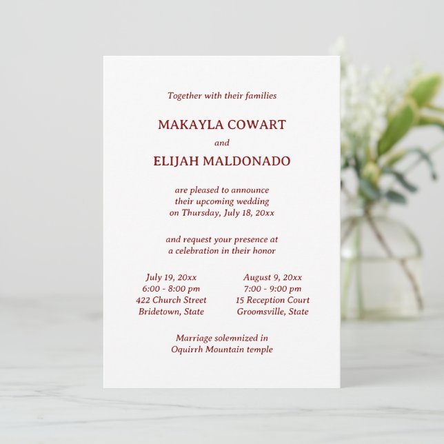 Minimalist Red Spanish-English Two Reception Invitation (Standing Front)