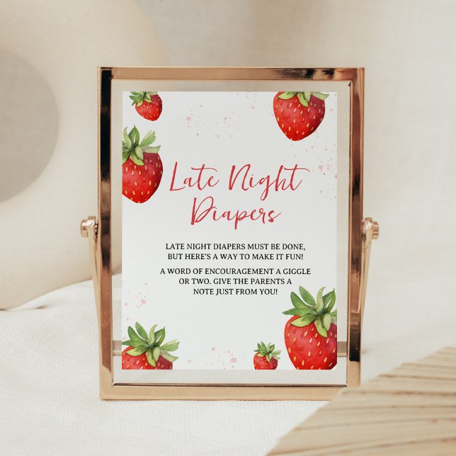 Minimalist Red Strawberry Late Night Diapers Poster (Berry Sweet Baby Shower Late Night Diapers Sign)