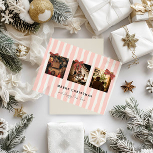 Minimalist Red Striped Bow 3-Photo Merry Christmas Holiday Card