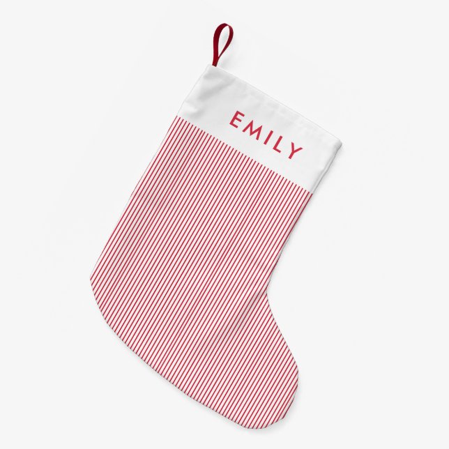 Minimalist Red Stripes Personalised Name  Small Christmas Stocking (Front (Hanging))