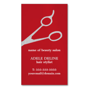 Minimalist Red Texture Silver Scissor Hair Stylist Magnetic Business Card