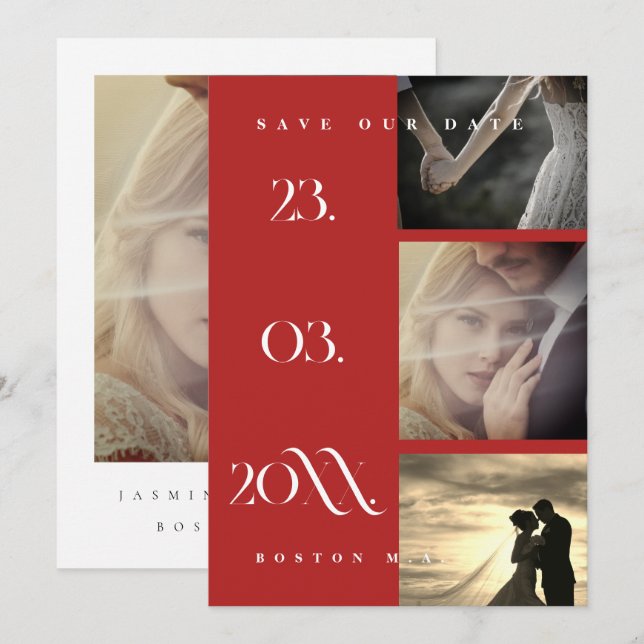 Minimalist Red Three Photo Wedding Save the Date (Front/Back)